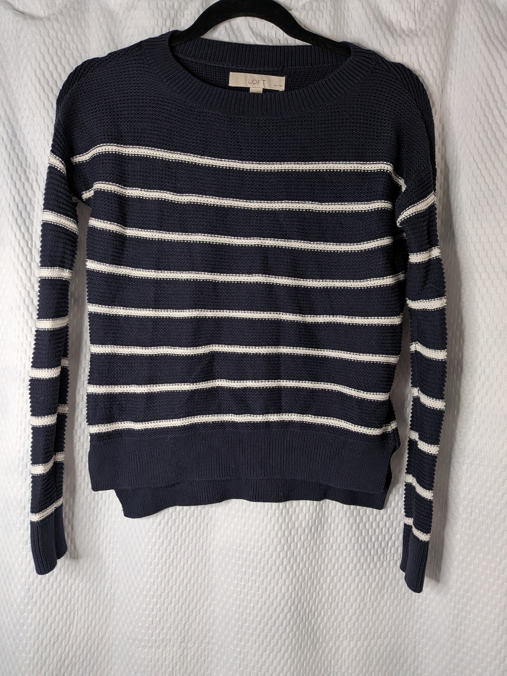 Classic and timeless navy and white striped crewneck pullover sweater from LOFT